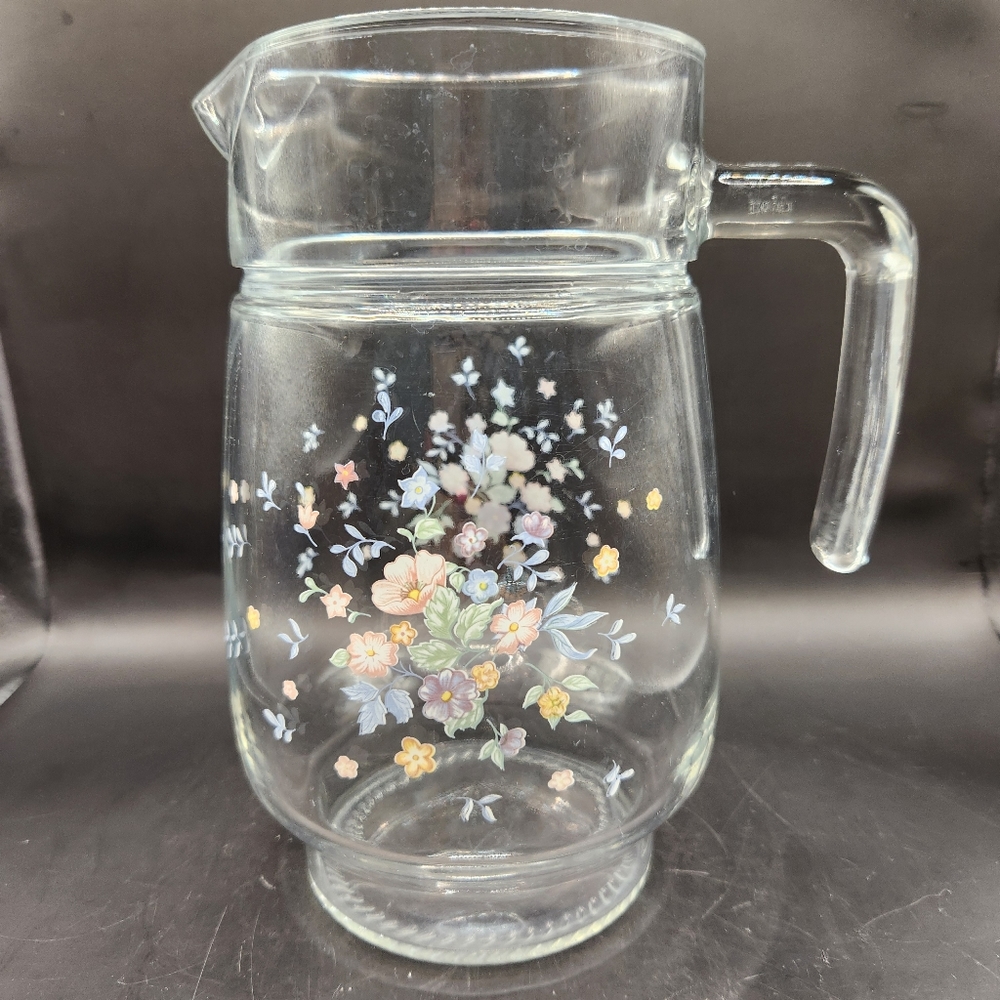 Vintage Arcoroc Glass Pitcher Dainty Pink/Blue Flowers France 48 Ounce